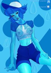 athletic_female baseball_cap baseball_uniform blue_eyes blue_hair blue_nails blue_skin breasts cartoon_network female female_only fingers fuax_goode gem_(species) hat lapis_lazuli_(bob) lapis_lazuli_(steven_universe) lips nails navel see-through short_hair solo steven_universe wet wet_clothes