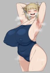 1girls armpits arms_up belly belly_bulge big_breasts blonde_hair blush breasts cham22 chubby chubby_female cleavage erect_nipples eyes_closed female female_only happy high_cut_swimsuit himiko_toga hyper_breasts large_breasts my_hero_academia nipple_bulge one-piece_swimsuit open_mouth open_smile sharp_teeth sideboob simple_background smile smiling solo solo_female steam sweat swimsuit thick_thighs tight_clothes tight_clothing voluptuous voluptuous_female wide_hips yellow_eyes