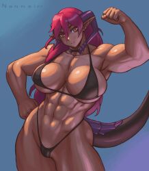 1girls ali_(sotcho) big_breasts bikini ear_piercing female female_only flexing_bicep hi_res horns long_hair looking_at_viewer muscles muscular muscular_female nonneim orange_eyes pointy_ears red_hair slit_pupils smiling smiling_at_viewer solo solo_female tail