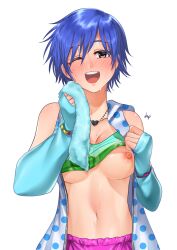 absurdres blue_hair blush collar dance_dance_revolution highres igarashimw midriff one_eye_closed open_mouth short_hair smile toshiba_emi towel white_background yellow_eyes