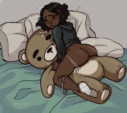 bare_ass bed bed_sheets black_female bottomless dark-skinned_female dry_humping english english_text female_only hoodie humping jacket kuma_(kumasncreme) kumasncreme masturbation original panties_around_one_leg pillow pleasure_face socks stuffed_animal stuffed_toy teddy_bear wet_pussy