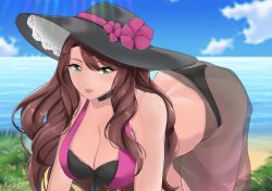 1girls alternate_costume ass bare_thighs beach big_ass bikini black_bikini black_swimsuit breasts brown_hair cleavage dorothea_arnault dorothea_arnault_(summer) female female_only fire_emblem fire_emblem:_three_houses fire_emblem_heroes green_eyes hat large_breasts long_hair nintendo official_alternate_costume outdoors purple_bikini purple_swimsuit rinku_bny sarong see-through smile solo sun_hat swimsuit thick_thighs thighs