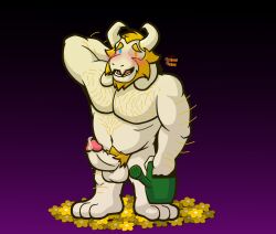 1boy 2021 2d 2d_(artwork) 3_toes anthro asgore_dreemurr bara beard blonde_hair color colored cum dilf erect_penis erection facial_hair furry goat hair heterochromia horn horns lewdbearboy male male_only muscled muscular_male penis precum simple_background simple_eyes simple_shading solo standing undertale undertale_(series) white_fur