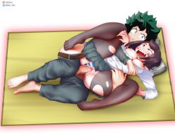 1boy 1girls cum cum_in_pussy female highres izuku_midoriya legs_apart lying medium_breasts my_hero_academia non-web_source nude ochako_uraraka on_back open_mouth pantyhose school_uniform sex tatami vaginal_penetration wizwu