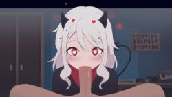 animated athletic_female blowjob cute demon_girl eye_contact fellatio floating_hearts hands-free heart-shaped_pupils helltaker horns human human_penetrating kamuo light-skinned_male looking_at_viewer male_pov modeus_(helltaker) oral oral_sex pov tail tailwag teenager