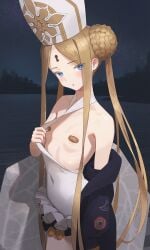 abigail_williams_(fate) abigail_williams_(swimsuit_foreigner)_(fate) abigail_williams_(swimsuit_foreigner)_(second_ascension)_(fate) absurdres bandaid bandaids_on_nipples bangs bare_shoulders black_bow black_jacket blonde_hair blue_eyes blush bow braid braided_bun breasts clothes_pull covered_erect_nipples double_bun dress_swimsuit fate/grand_order fate_(series) female female forehead hair_bun hat highres jacket keyhole long_hair long_sleeves looking_at_viewer mitre multiple_bows off_shoulder one_breast_out open_clothes open_jacket open_mouth orange_bow parted_bangs pasties sidelocks siu_hing5262 small_breasts swimsuit swimsuit_pull thighs twintails very_long_hair white_headwear white_swimsuit