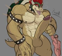 abs bara big_penis bodily_fluids bowser cum cum_drip dripping duo gay genital_fluids genitals hair human human_on_anthro humanoid koopa male male_only mammal mario_(series) muscular muscular_male nintendo nipples pecs penis pinumontbalou precum precum_drip red_eyes red_hair scalie size_difference tongue tongue_out vein veiny_muscles video_games yaoi