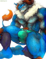 anthro blue_body blue_fur bovid bovine cattle clothing fur hairy hybrid jockstrap looking_at_viewer male mammal muscular musk orange_body orange_fur solo tattoo underwear unknown_character yagi_b._(artist)