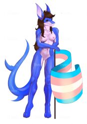 3_toes 5_fingers anthro areola blue_body blue_skin breasts brown_eyes brown_hair countershade_face countershade_neck countershade_torso countershading digitigrade eyelashes feet female fingers fish flag genitals hair hi_res jo_(cloaked_sharko) katepetrenko katepetrenko lamniform lgbt_pride marine nipples pride_colors pussy shark simple_background solo standing thresher_shark toes transgender_pride_colors white_background white_body white_countershading white_skin