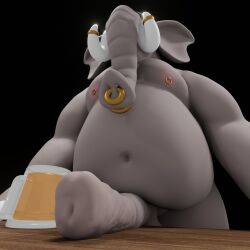 animal_genitalia animal_penis anthro beer_mug belly big_penis elephantid facial_piercing genitals hi_res humanoid jelly_bean_3d male mammal nipple_piercing nipples nose_piercing overweight overweight_anthro overweight_male penis piercing proboscidean solo