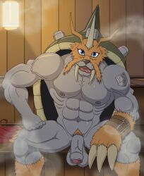 abs animal_skin anthro balls bandai_namco bodily_fluids digimon digimon_(species) flaccid foreskin genitals hi_res male mcallahan muscular muscular_anthro muscular_male nipples nude pecs penis pubes sauna solo steam sweat tusks zudomon