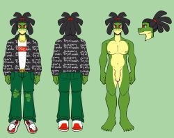 1boy anthro biceps big_penis biped black_clothing black_hair black_jacket black_topwear bottomwear chains claws clothed clothing digital_media_(artwork) dragon dreadlocks fingers footwear front_view genitals gold_(metal) gold_chain green_body green_bottomwear green_clothing green_pants green_scales green_skin gucci hi_res humanoid_genitalia humanoid_penis jacket jammedvhs jewelry lizard looking_at_viewer male male_only model_sheet muscular muscular_anthro muscular_male navel necklace nipples non-mammal_hair nude pants pecs penis ponytail rear_view red_clothing red_eyes red_footwear red_shoes reptile scales scalie shirt shoes simple_background skirt smile solo standing supreme text text_on_clothing text_on_topwear topwear torn_bottomwear torn_clothing torn_pants tyson_(nyta) yellow_body yellow_scales yellow_skin