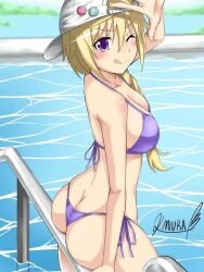 1girls artist_name ass ass_cleavage baseball_cap big_breasts bikini blonde_hair breasts bubble_butt busty butt_crack charlotte_dunois cleavage dat_ass female female_only hat infinite_stratos large_breasts legs looking_at_viewer miura_(artist) one_eye_closed pool purple_bikini purple_eyes sensual sideboob sitting smile swimsuit thick_thighs thighs thong_bikini tongue tongue_out water wink