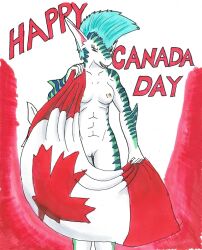 abs anthro breasts canadaday2022 female fin fish flag genitals mapleleaf marine nude nyghtmar3 pussy roxy shark smile solo standing tigershark traditionalart