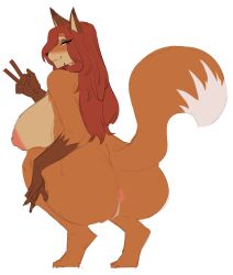 anthro anus ass big_breasts big_butt breasts canid canine carsen crouching fangs female fluffy fluffy_tail fox fur genitals gesture hair hi_res looking_back mammal multicolored_body multicolored_fur nipples nude orange_body orange_eyes orange_fur pussy red_hair simple_background smile solo thick_thighs two_tone_body two_tone_fur v_sign wide_hips