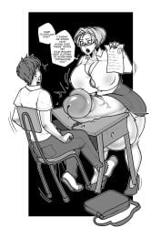 1boy 1futa balls bottomless breasts bursting_breasts button_down_shirt buttons cleavage clothed clothing destruction dialogue duo ecchipandaa english_text erection full_body fully_clothed futa_with_male futanari human hyper hyper_balls hyper_breasts hyper_penis male monochrome mostly_clothed penis school school_chair school_desk standing teacher teacher_and_student text thick_penis