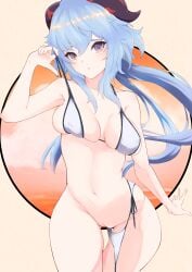 :o absurdres armpit_peek armpits bare_arms bare_legs bikini bikini_aside blue_hair breasts cleavage clothing_aside curled_horns female ganyu_(genshin_impact) genshin_impact goat_horns groin hair_between_eyes highres horns inuinuo_gataken long_hair medium_breasts navel open_mouth pulled_by_self purple_eyes pussy sidelocks solo stomach swimsuit thick_thighs thighs white_bikini white_swimsuit