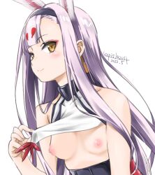 animal_ears azur_lane bangs blunt_bangs blush breasts bunny_ears eyebrows_visible_through_hair eyeliner female female hikimayu lifted_by_self long_hair looking_at_viewer makeup nipples purple_hair shimakaze_(azur_lane) simple_background smile solo umyonge_(lkakeu) white_background yellow_eyes