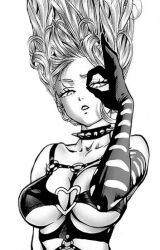 1girls asymmetrical_gloves bdsm bdsm_gear dominatrix elbow_gloves gesture gloves kaijin_hime_do-s_(cosplay) monochrome murata_yuusuke official_art one-punch_man simple_background solo solo_female spiked_collar tagme tatsumaki thong white_background