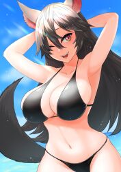 1girls absurdres animal_ears arm_behind_head bikini black_bikini blue_sky breasts brown_hair cleavage collarbone female groin highres kagerou_imaizumi ke-su large_breasts light-skinned_female light_skin long_hair looking_at_viewer navel one_eye_closed open_mouth outdoors red_eyes sky solo swimsuit tail touhou wolf_ears wolf_tail