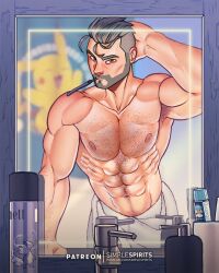 arm_behind_head bathroom brushing_teeth in_a_towel looking_in_mirror male male_only muscles muscular muscular_male pokemon pokemon_sv professor_turo simplespirits towel towel_around_waist