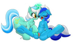 2013 blue_fur clitoris closed_eyes colgate_(mlp) cutie_mark drooling duo english_text equine female feral fingering friendship_is_magic green_fur horn horse lyra_heartstrings_(mlp) magic my_little_pony plain_background pony pussy ricocake saliva sitting spread_legs spreading sweat text tongue tongue_out two_tone_hair unicorn white_background yellow_eyes