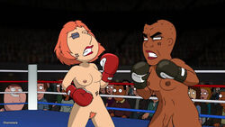 1futa 1girls arena areolae balls black_boxing_gloves black_gloves boxing boxing_gloves boxing_gloves_only boxing_match boxing_ring breasts chainmale crowd dark-skinned_futanari dark_skin deirdre_jackson erect_nipples family_guy female fight fighting_ring flaccid futa_with_female futa_with_male futanari gloves human intersex light-skinned_female light_skin lips lipstick lois_griffin male male_with_female medium_breasts naked nipples nude orange_hair penis peter_griffin red_boxing_gloves red_gloves red_lipstick short_hair wide_hips