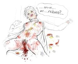 after_sex bite_marks bleeding blood blood_stain borderlands breasts clothes color condom contusion cum dialog english_text exposed_breasts female female_only guro human injury lying on_back open_clothes patricia_tannis skin solo speech_bubble text wound