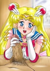 1girls bishoujo_senshi_sailor_moon blonde_hair blue_eyes blush censored clothed_female_nude_male clothing female female_focus gabri-l hair_buns hand_on_penis handjob male penis pubic_hair sailor_moon super_sailor_moon tagme usagi_tsukino