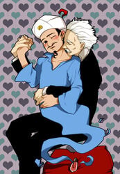 2boys akinator albert_einstein blush eyes_closed face_on_neck fictional_and_real gay genie goatee hand_holding heart heart_background lightbulb male_only metal moustache old_man real_person riding scientist what white_hair yaoi