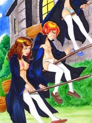 barry_blair broom broom_riding casual clothing female flying_broom footwear harry_potter hermione_granger human legwear male nipples nude outdoors outerwear pale_skin panties red_hair ron_weasley underwear white_panties