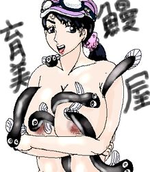 animal_between_breasts areola between_breasts black_hair bleach breasts cleavage eel eels female hat ikumi_unagiya lowres milf open_mouth pun solo syugyoutyuu unagiya_ikumi