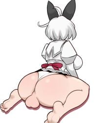 1futa back backsack balls big_ass big_breasts clothed clothing elphelt_valentine futa_only futanari guilty_gear human japanese_text kneeling light-skinned_futanari mostly_clothed panties skirt solo sunk118 thick_thighs white_hair wide_hips