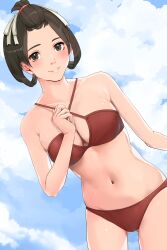 1girls ace_attorney big_breasts bikini black_hair blush breasts brown_eyes clouds criss-cross_halter female female_only gyakuten_saiban hair_ribbon hair_rings halterneck kntrs_(knyrs) looking_at_viewer medium_breasts midriff navel outside red_bikini red_swimsuit short_hair sky smile susato_mikotoba swimsuit tagme the_great_ace_attorney