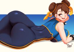 1girls 2022 alternate_version_available artist_logo artist_signature ass ass_focus ass_shot bodysuit breasts brown_eyes brown_hair bubble_butt capcom chun-li female female_only hips huge_ass large_breasts looking_at_viewer lying_on_stomach naughty_face short_hair slim_waist smile street_fighter street_fighter_alpha suggestive_look thick_thighs thighs tiger1001 twin_buns wide_hips