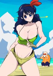 1boy 1girls big_breasts black_hair blue_eyes breasts cleavage dragon_ball dragon_ball_(classic) good_launch launch master_roshi sumifoi tagme