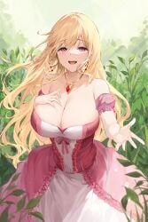 1girls alluring bangs bare_shoulders blonde_female blonde_hair blush breasts busty cleavage curvy dress earrings female female_focus flowing_hair hand_on_breast happy_tears inviting_to_sex jewelry large_breasts lillly long_hair looking_at_viewer necklace open_mouth pink_dress red_eyes revealing_clothes tears upper_body