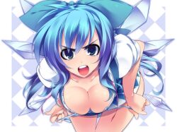 1girls alternate_breast_size alternate_hair_length alternate_hairstyle angry aqua_eyes bangs bent_over blue_bow blue_hair blue_panties blush bow breasts checkered cirno cleavage curvy downblouse dragonmaterial female female_focus frown hair_between_eyes hair_bow large_breasts leaning_forward long_hair looking_at_viewer older open_clothes open_mouth open_shirt panties panty_pull shirt simple_background solo standing striped striped_panties tagme teeth thigh_gap touhou unbuttoned underwear undressing wide_hips wings