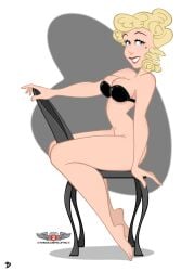 blonde_hair blondie_(comic) blondie_bumstead blue_eyes bottomless bra chair female gray_background looking_at_viewer phillipthe2 roger_bacon solo straddling white_background