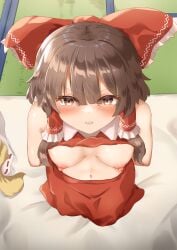 arm_behind_back blush bow bowtie breasts brown_eyes brown_hair clothes_lift female highres navel nipples red_skirt reimu_hakurei sefushi shirt_lift skirt solo tatami teeth touhou