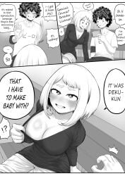 1boy 1girls amano44 blush doujin doujinshi greyscale impregnation izuku_midoriya large_penis monochrome my_hero_academia ochako_uraraka tagme teasing