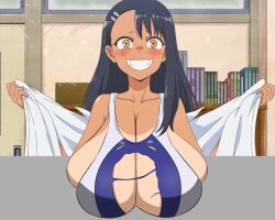 1girls accurate_art_style akkyon anime_style bakunyuu bare_shoulders big_breasts big_eyes big_forehead black_hair blush blush_lines breaking_the_fourth_wall breast_expansion breast_focus breast_growth_(enlargement) breast_squish breasts breasts_bigger_than_head breasts_bigger_than_torso brown_eyes bursting_breasts bust cleavage clothed clothing crazy_eyes deep_cleavage ear_stud edit female female_focus female_only front_heavy_breasts front_view full_cleavage grey_background grin gritted_teeth hairclip hanging_breasts hayase_nagatoro huge_breasts long_breasts long_hair looking_at_viewer low_hanging_breasts nervous_smile non-euclidean_border out_of_border overflowing_breasts please_don't_bully_me,_nagatoro presenting presenting_breasts revealing_clothes ripped_clothing ripping_clothing screencap screenshot screenshot_edit shiny_hair sideboob skinny skinny_female small_but_busty smile soft_breasts solo solo_female swimsuit tan tan_lines tanline tanned tanned_skin torn_clothes torn_clothing torn_swimsuit torn_topwear wardrobe_malfunction