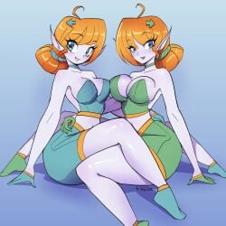 2girls ahoge armpits bare_shoulders big_breasts blue_eyes blush breasts cleavage clothed clothes clothing elf_ears eyebrows eyebrows_visible_through_hair eyelashes female female_only full_body fullmontis fully_clothed gloves green_eyes hair hips hourglass_figure humanoid large_breasts looking_at_viewer midriff orange_hair pointy_ears shadow simple_background sitting socks text thick thick_thighs thighs thin_waist voluptuous watermark wide_hips