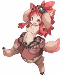 3_toes anthro claws female female_only fluffy fluffy_tail full_body fur goggles goggles_on_head karukan_(monjya) long_hair looking_at_viewer made_in_abyss mitty narehate open_mouth pawpads paws red_eyes red_hair small_breasts smile solo tail tan_fur tied_hair topless topless_female