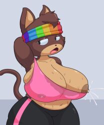 anthro anthro_only big_breasts chubby chubby_anthro chubby_female clothed exercise exercise_clothing exercising female female_focus female_only hannah_(tascom) lactating lactation lactation_through_clothes nipple_slip sweaty sweaty_breasts tascom