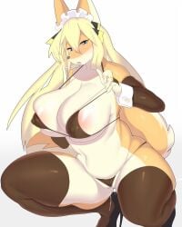 2022 anthro areola big_areola big_breasts blonde_female blonde_hair blue_eyes blush bodily_fluids breasts canid canine clothing crouching faeki faeki_(character) female fox fur genital_fluids hair hi_res huge_areola huge_breasts huge_nipples looking_at_viewer maid_headdress mammal multicolored_body multicolored_fur open_mouth orange_body orange_fur original panties pussy_juice saliva simple_background solo thick_thighs two_tone_body two_tone_fur underwear white_background white_body white_fur