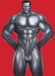 1boy 1male abs balls bara belly_button biceps big_biceps big_chest big_muscles big_pecs big_penis black_hair bodybuilder colossus dark_hair deadpool_(film) defined_muscles drawnpr0n erection flexing hard_on male male_only marvel marvel_comics masculine muscles muscular muscular_male naked naked_male no_nipples nude nude_male pecs penis piotr_rasputin red_background russian silver_eyes silver_skin tall thick_thighs x-men