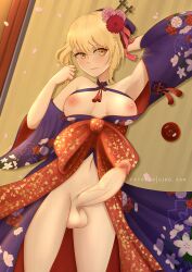 1futa big_breasts big_penis breasts breasts_outside clothed clothed_female clothing commission erection fate/grand_order fate_(series) female flower flower_in_hair flowers futa_only futanari gibb_san human kimono light-skinned_futanari light_skin looking_at_viewer mostly_nude nipples panties saber_alter solo standing thick_thighs yellow_eyes yellow_hair