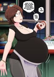 1girls belly big_belly big_breasts big_hero_6 blush breasts brown_eyes brown_hair cass_hamada cleavage dialogue female female_only fully_clothed large_breasts marvel marvel_comics mature mature_female necklace pregnancy_cravings pregnant solo text vale-city