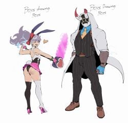 1boy 1girls bunny_ears bunny_tail chainsaw femboy full_body high_heels light-skinned_femboy light-skinned_male light_skin male masked_male panties skirt skirt_lift standing stockings thiccwithaq thick_ass thick_thighs wink